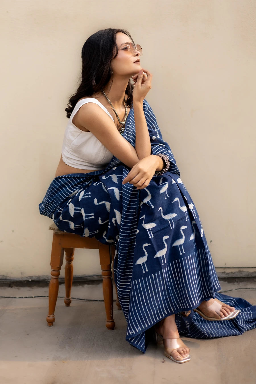 Ocean Muse indigo blue hand block printed mulmul cotton saree