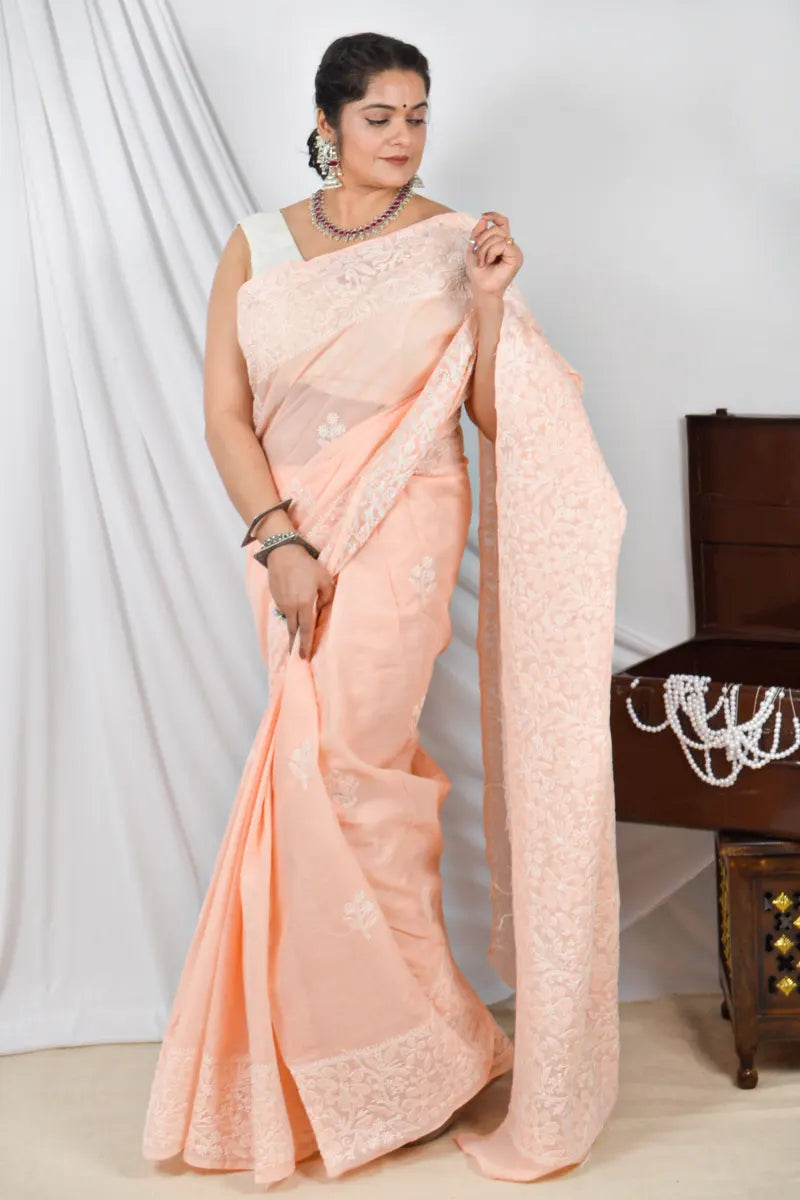 Handcrafted Orange Cotton Designer Saree with intricate Lucknowi Chikankari Embroidery ,With a matching Blouse ideal for Festive and wedding occasions