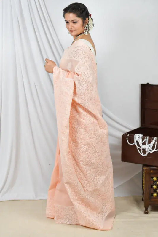 Handcrafted Orange Cotton Designer Saree with intricate Lucknowi Chikankari Embroidery ,With a matching Blouse ideal for Festive and wedding occasions