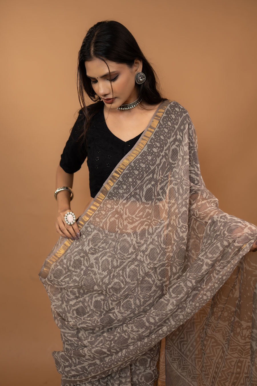 Pattern Couture grey hand block printed pure kota cotton saree