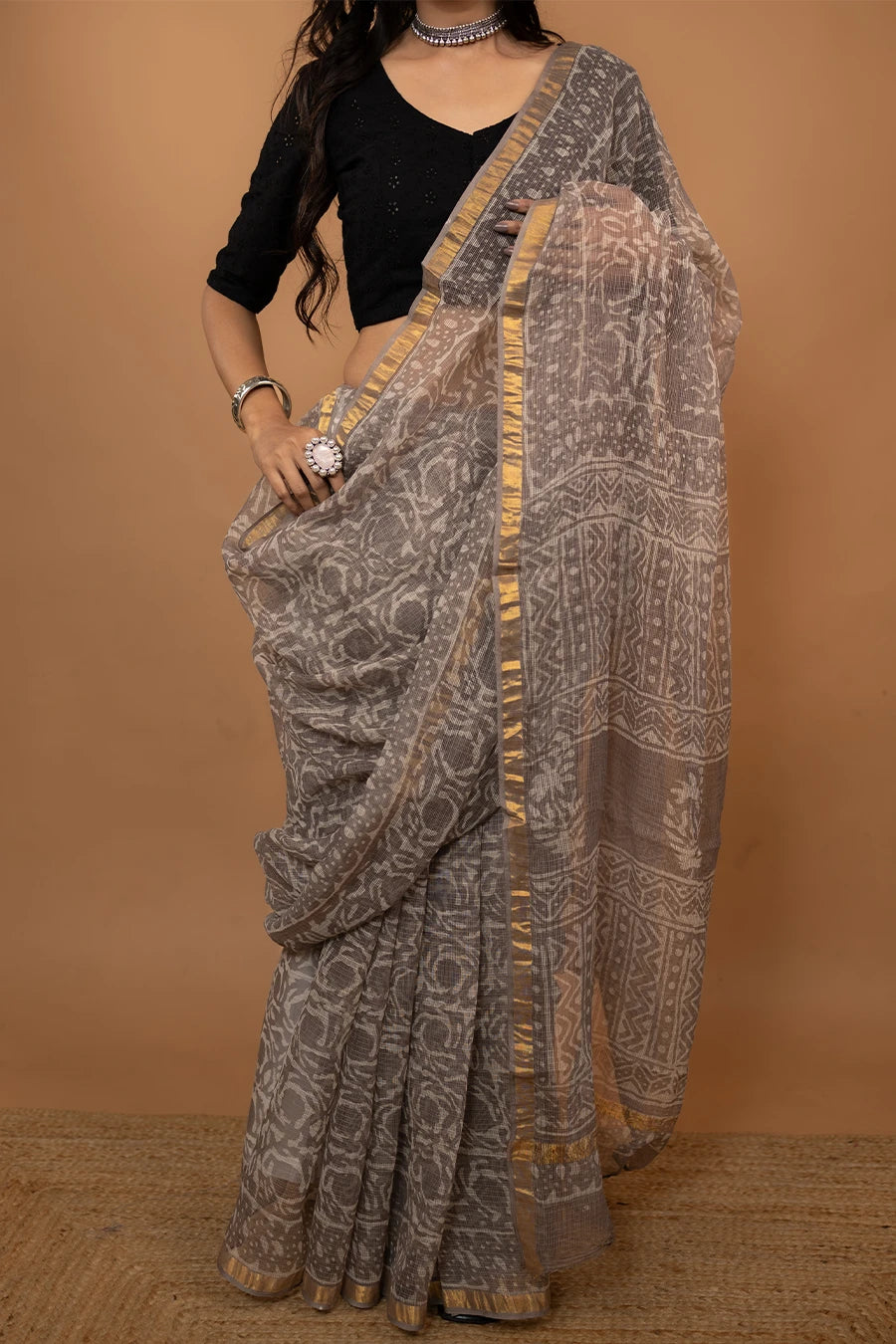 Pattern Couture grey hand block printed pure kota cotton saree