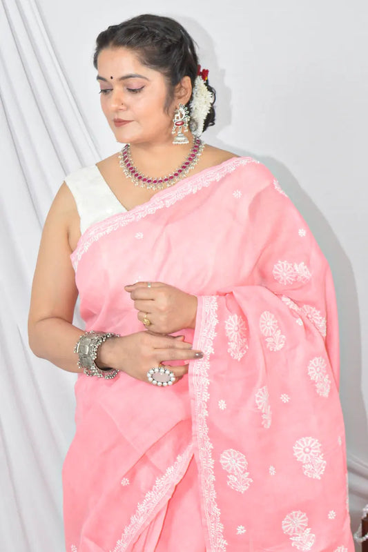MeMaana Handcrafted Peach Cotton Border Palla Chikankari Saree with Blouse MeMaana
