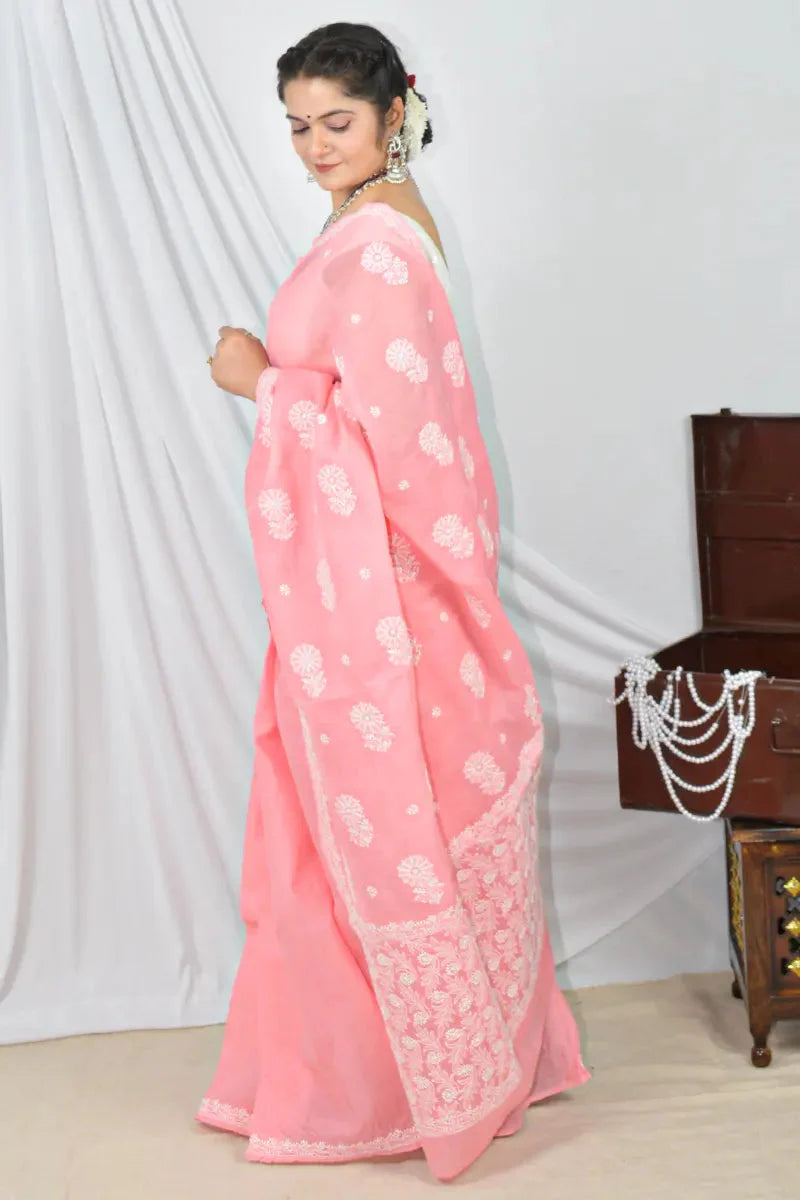 Memaana Handcrafted Peach Cotton Border Palla Chikankari Saree with Blouse Memaana
