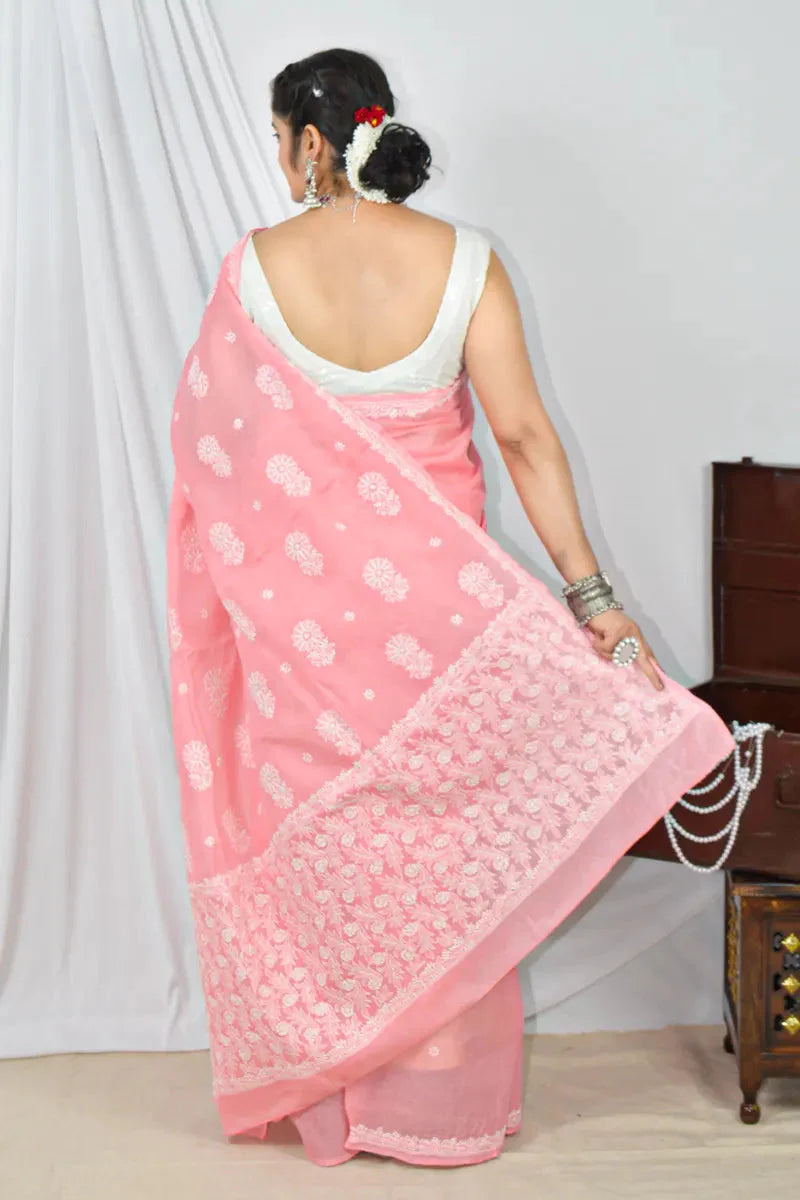 Memaana Handcrafted Peach Cotton Border Palla Chikankari Saree with Blouse Memaana