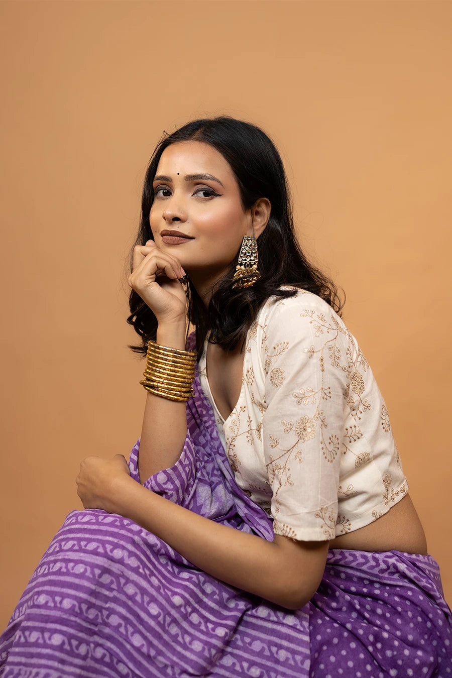 Purple hand block printed mulmul cotton saree