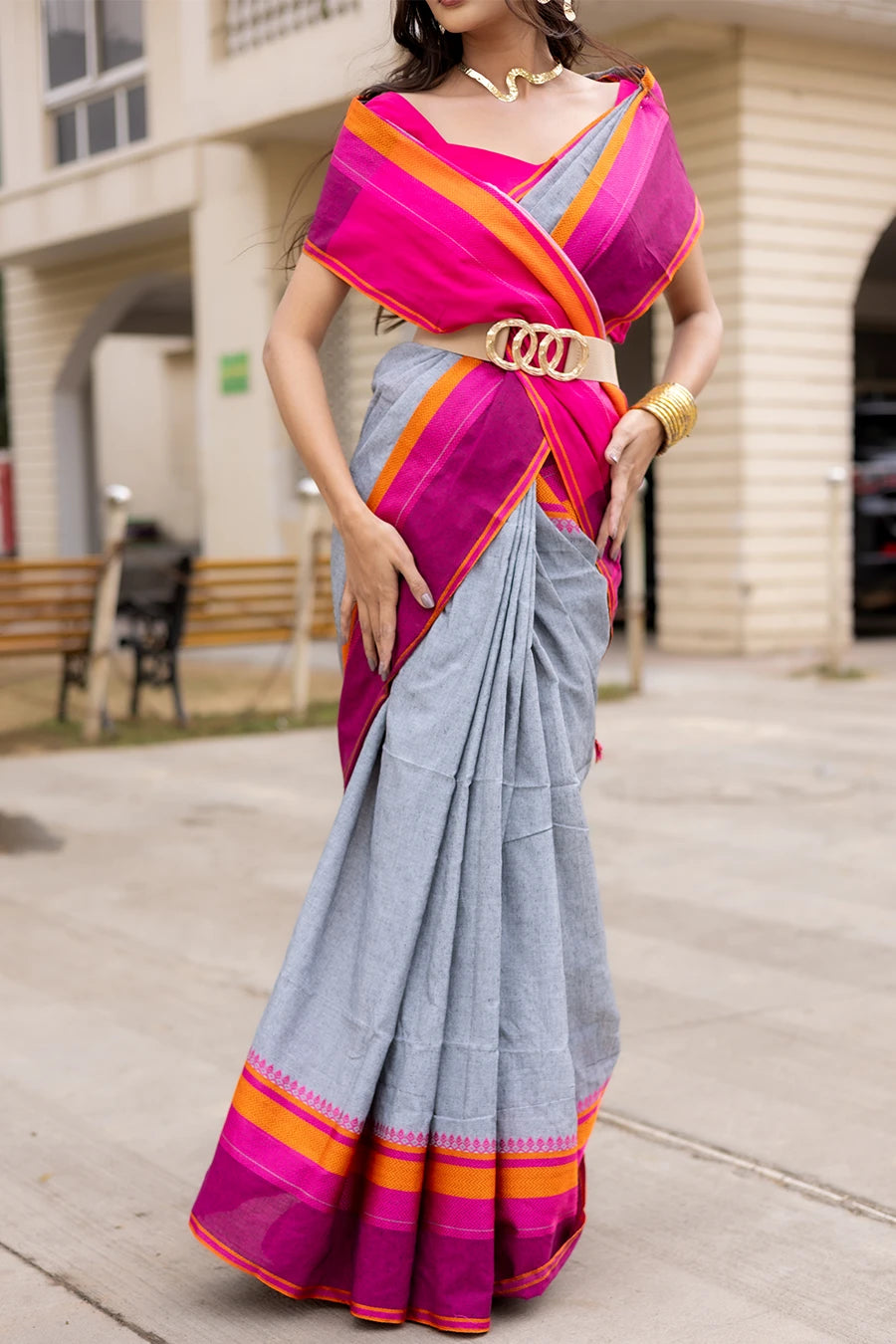 Rangrez grey handwoven Bengal cotton saree