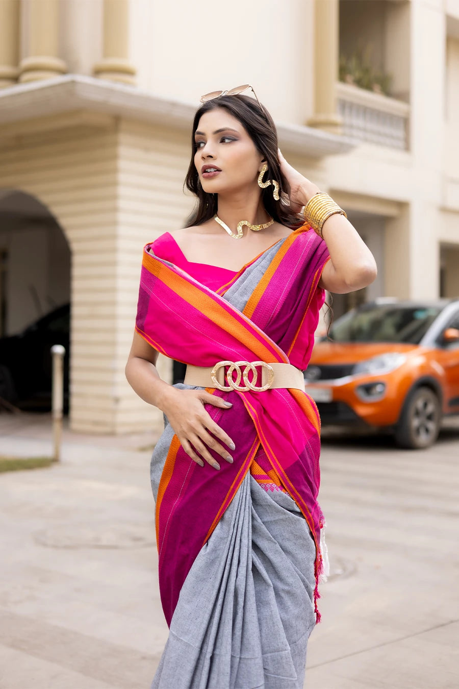 Rangrez grey handwoven Bengal cotton saree