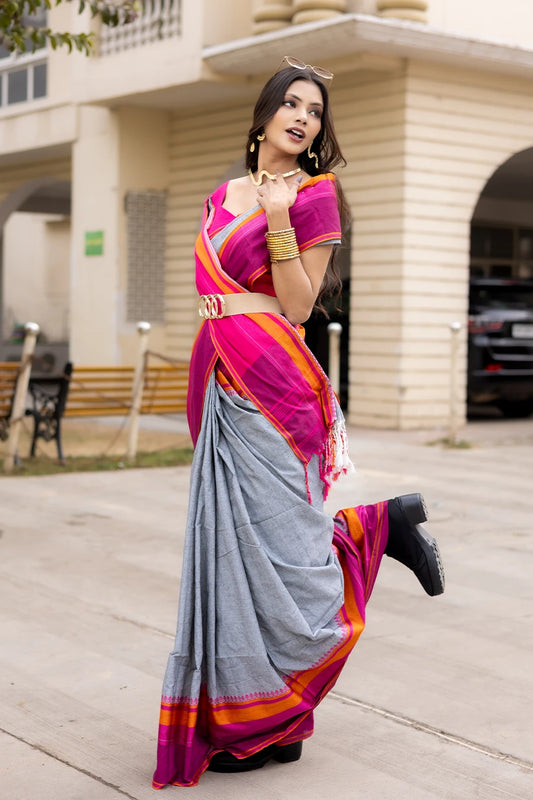 Rangrez grey handwoven Bengal cotton saree