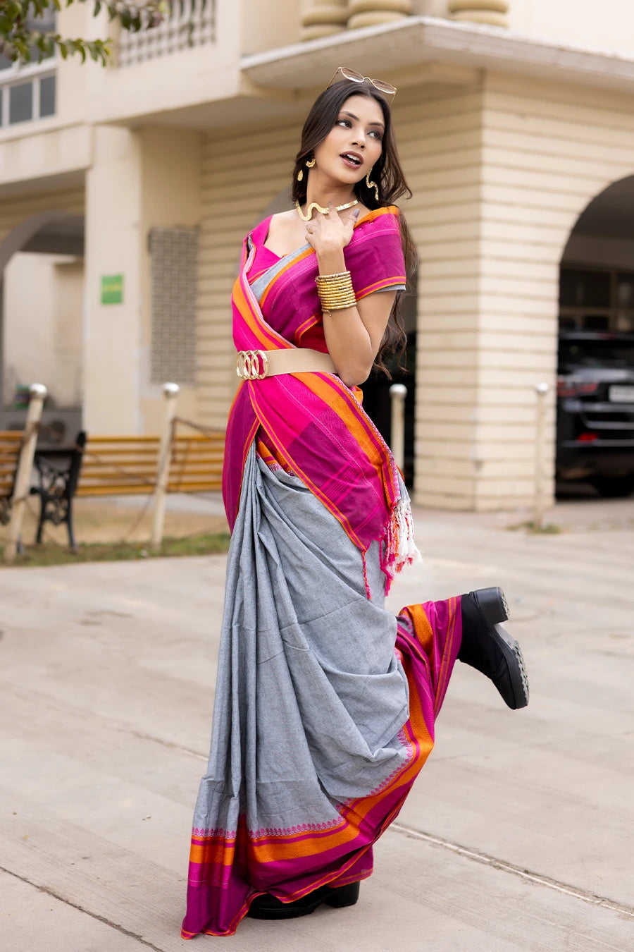 Rangrez grey handwoven Bengal cotton saree