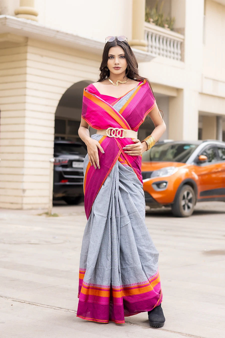 Rangrez grey handwoven Bengal cotton saree