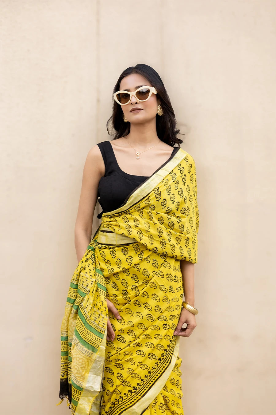 Retro Chic yellow hand block printed linen cotton saree for casual wear