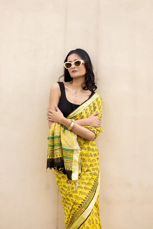 Retro Chic yellow hand block printed linen cotton saree for casual wear