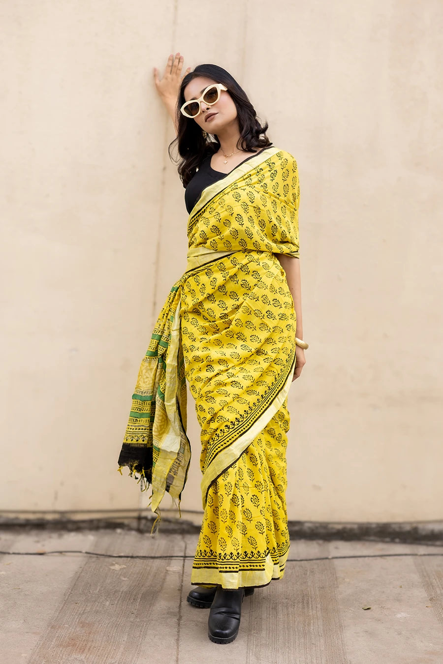 Retro Chic yellow hand block printed linen cotton saree for casual wear