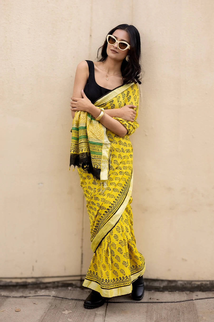 Retro Chic yellow hand block printed linen cotton saree for casual wear