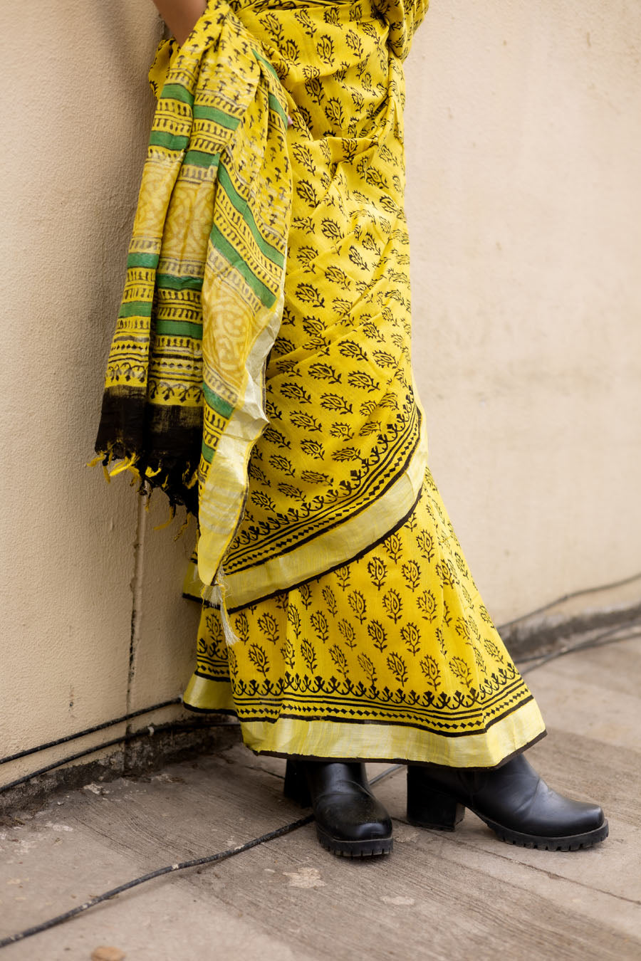 Retro Chic yellow hand block printed linen cotton saree for casual wear