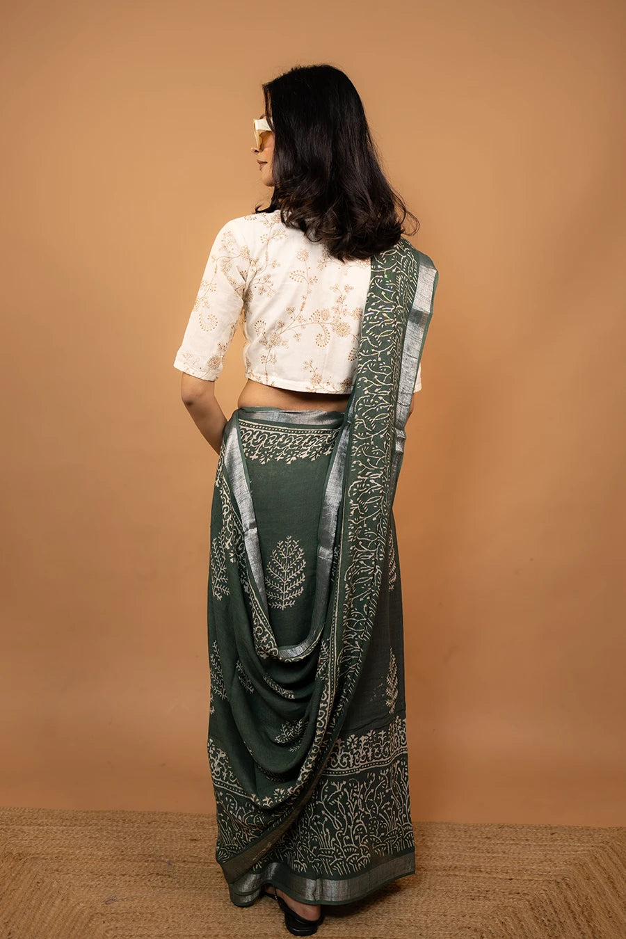 Riva Drape green hand block printed linen cotton saree