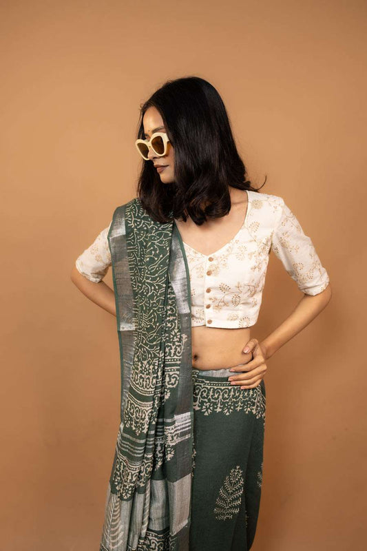 Riva Drape green hand block printed linen cotton saree