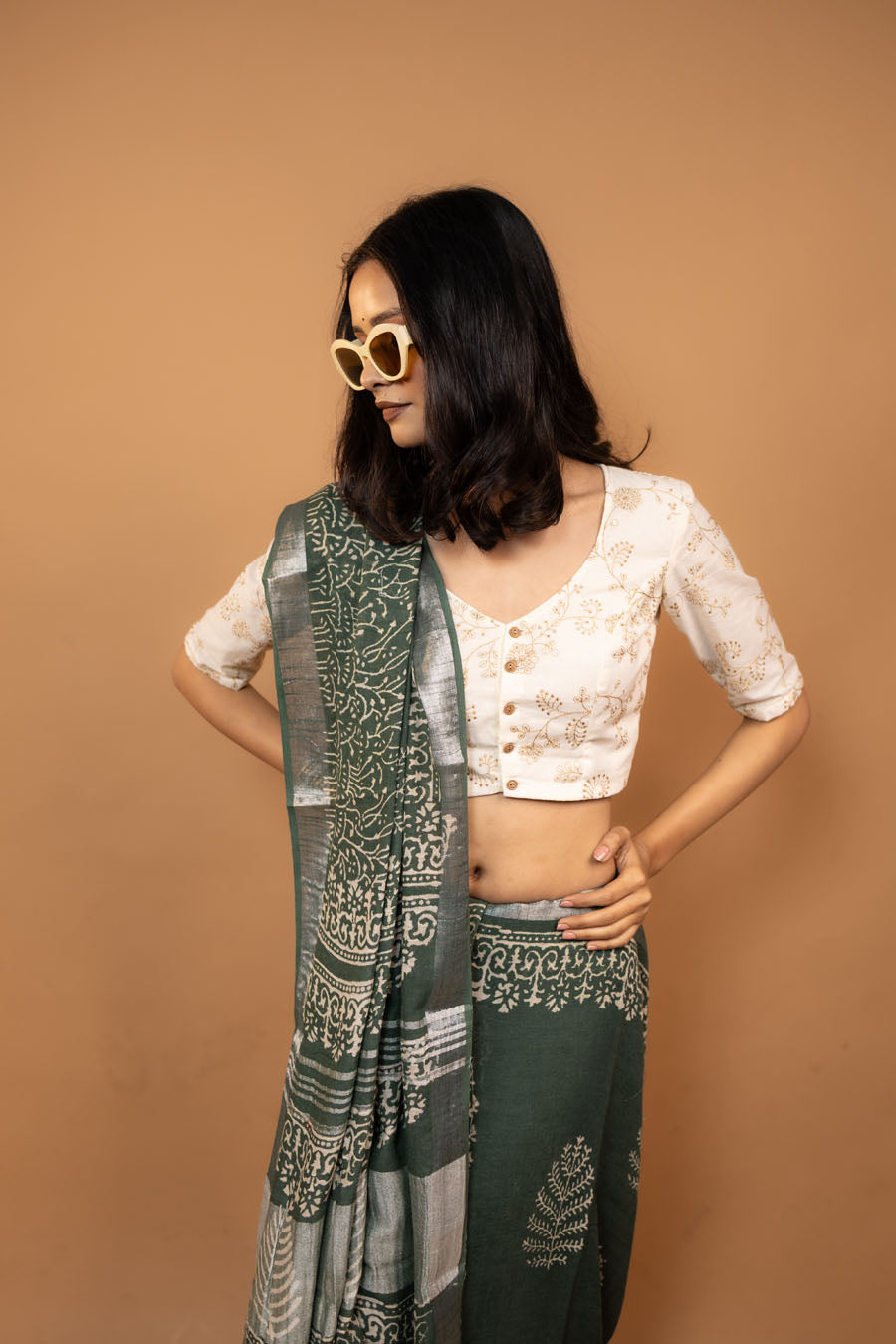 Riva Drape green hand block printed linen cotton saree