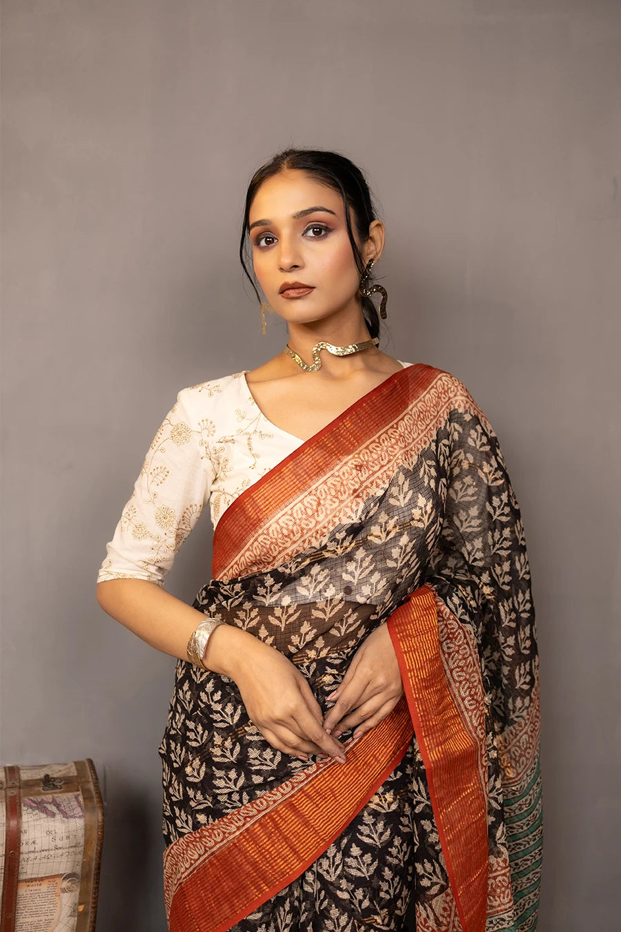 Woman wearing a traditional saree with a patterned design, standing next to vintage suitcases on a textured surface.