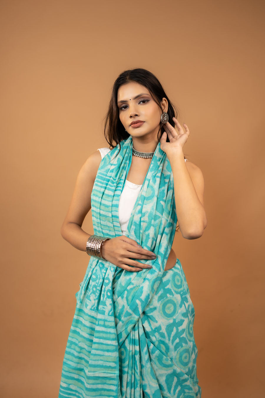 Sea green hand block printed mulmul cotton saree