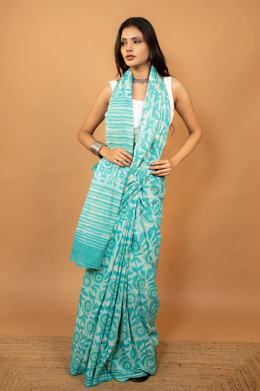 Sea green hand block printed mulmul cotton saree