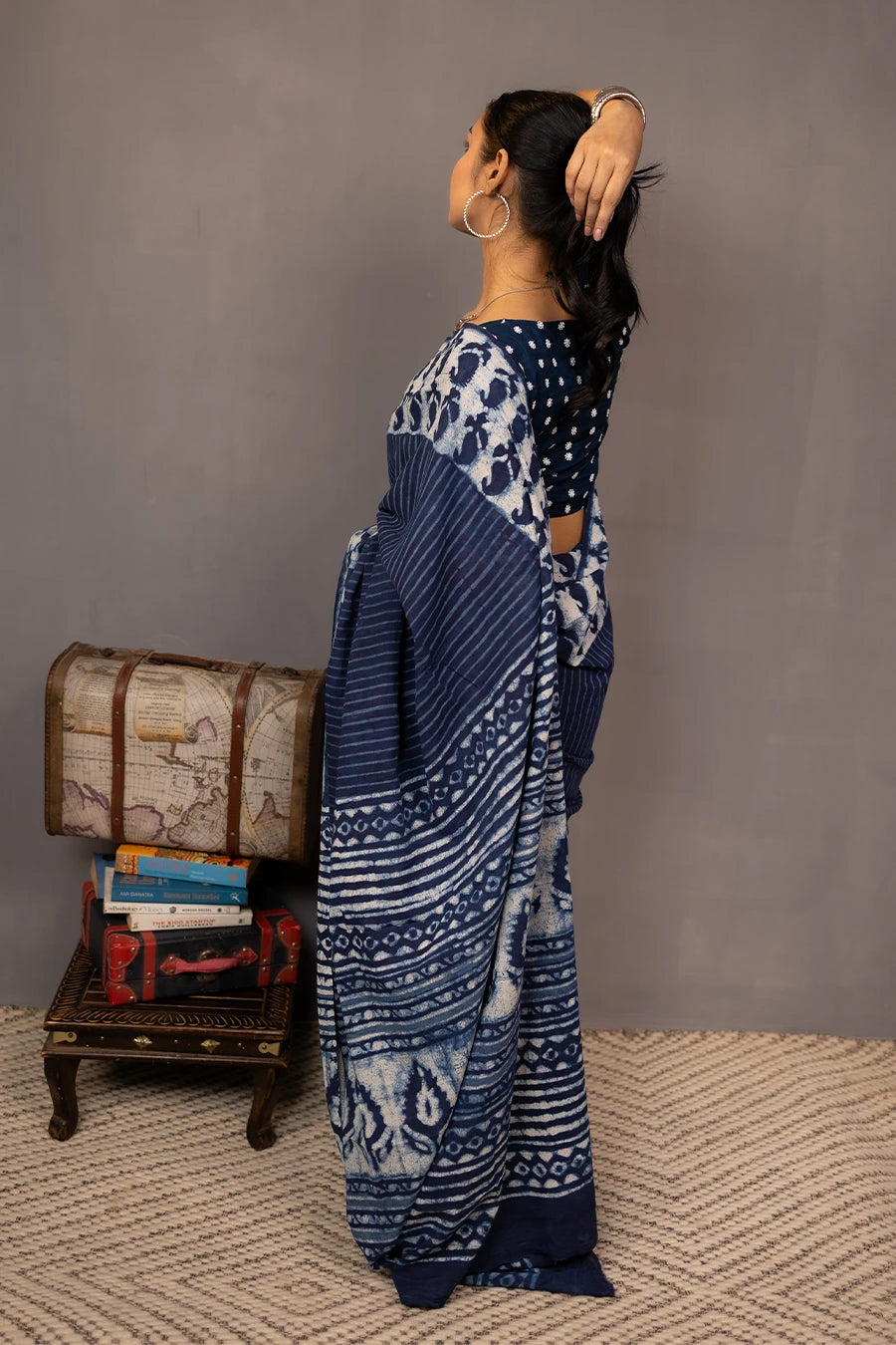 Indigo blue hand block printed mulmul cotton saree