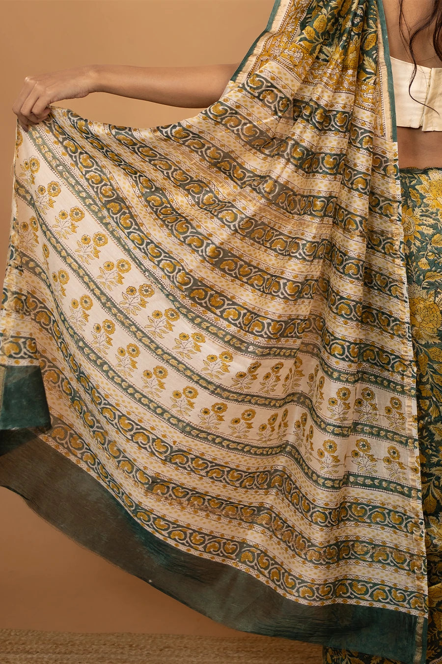 Silk Majesty green hand block printed Chanderi silk saree