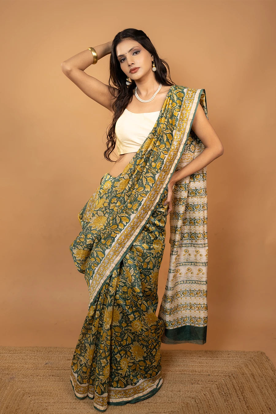 Silk Majesty green hand block printed Chanderi silk saree