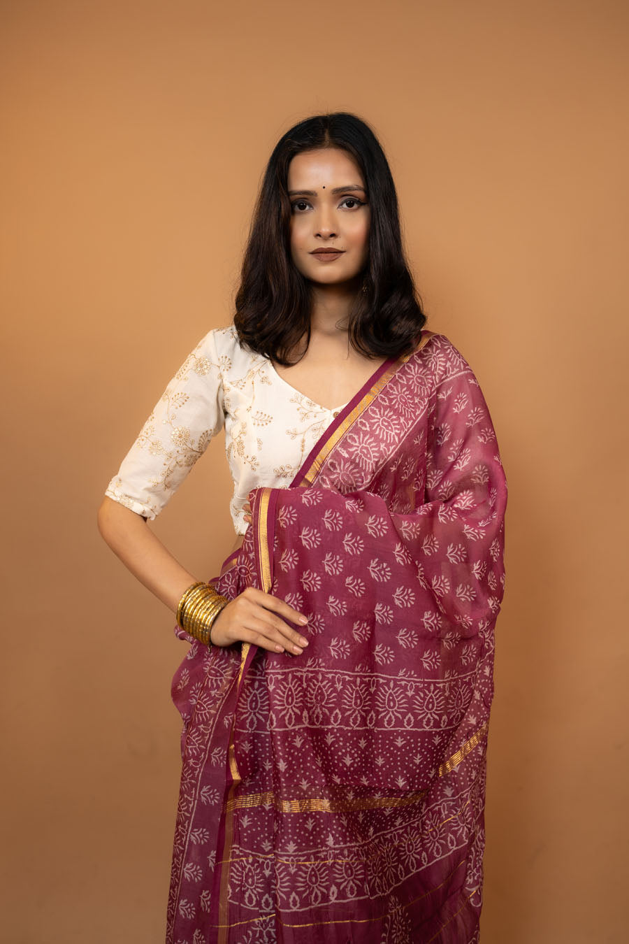 Style Affair pink hand block printed Chanderi silk saree
