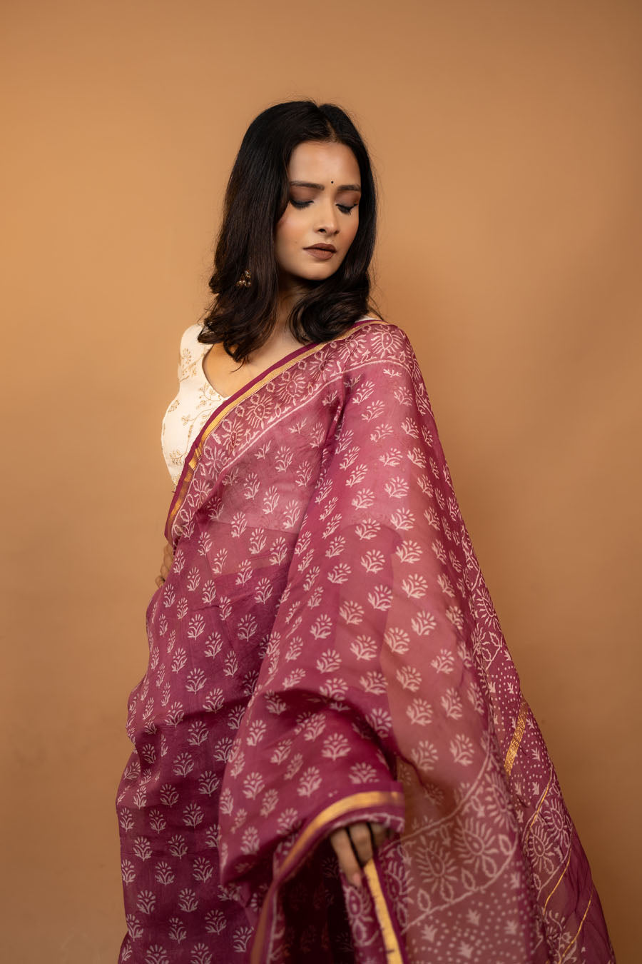 Style Affair pink hand block printed Chanderi silk saree