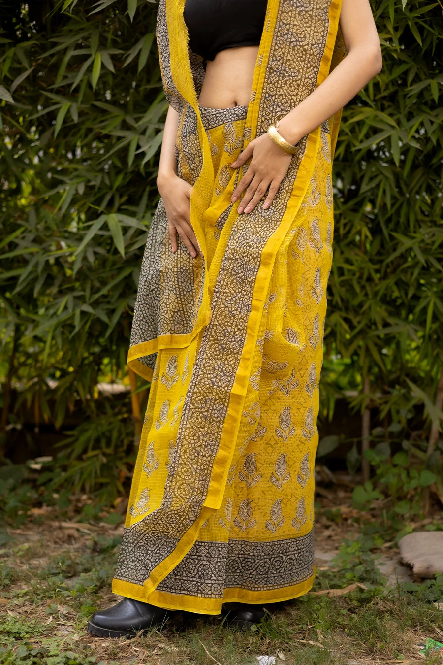 Summer Whisper yellow hand block printed pure kota cotton saree