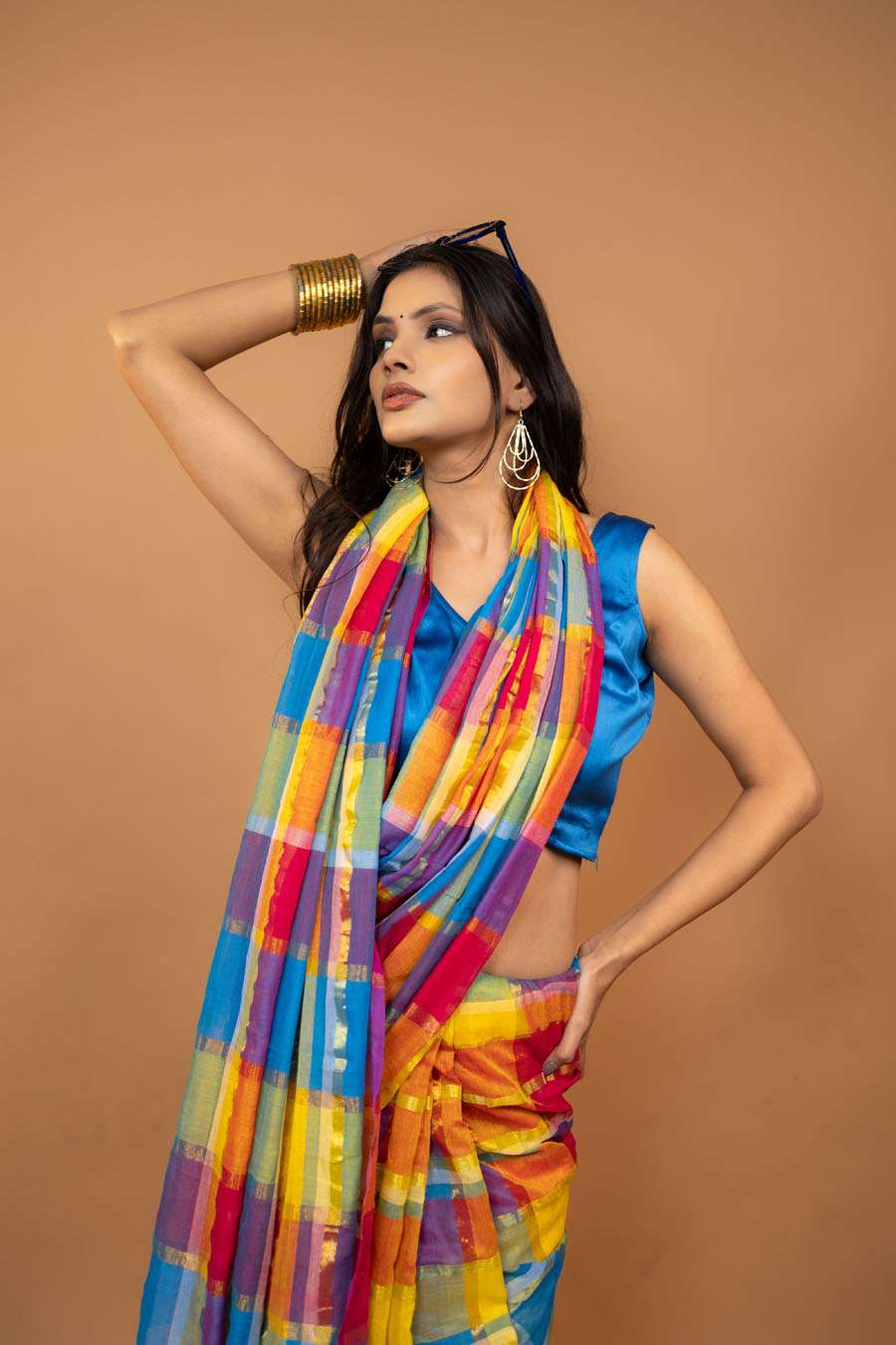 Multi color pure mulmul cotton saree with zari block