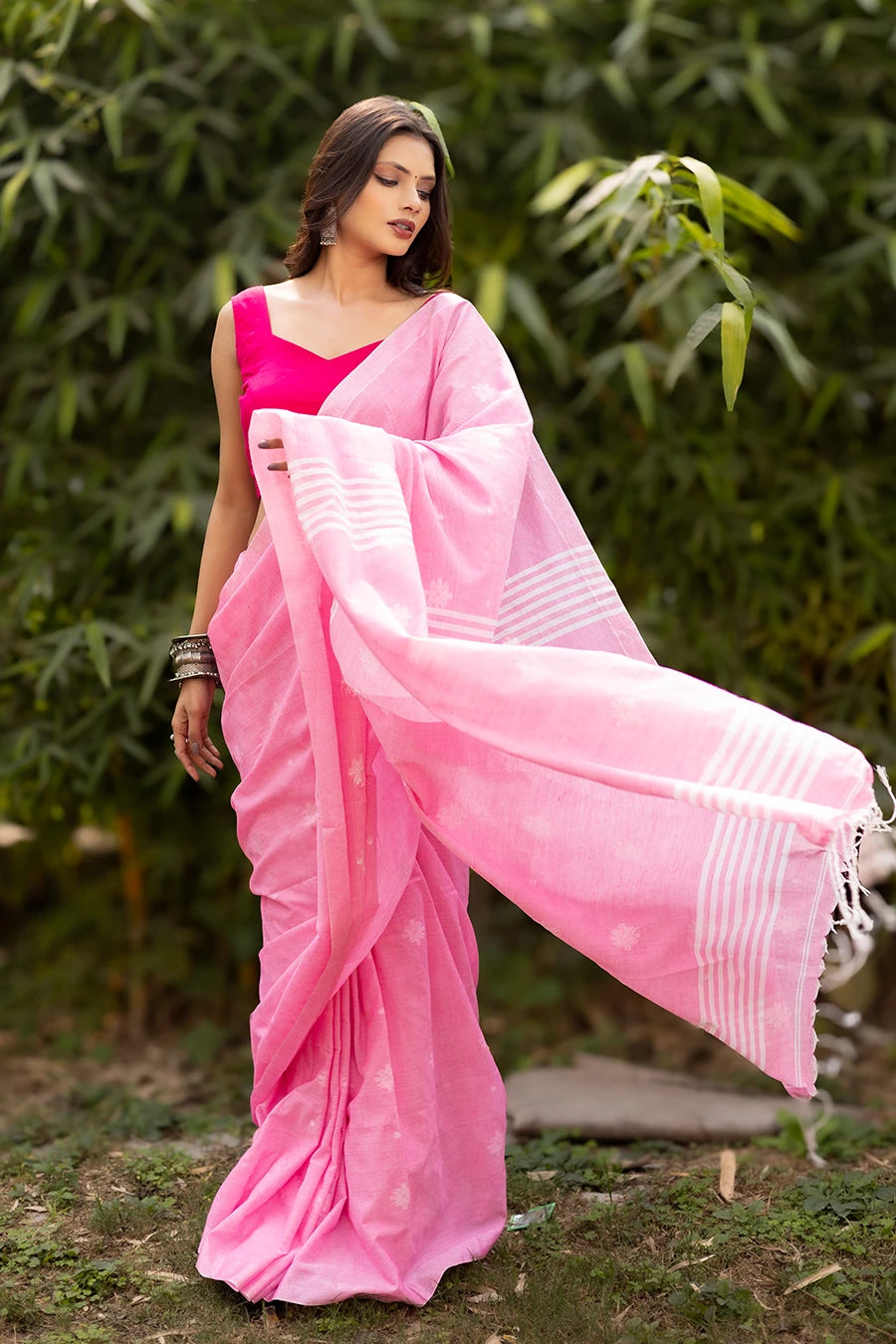 Threads of Raag pink Bengal handloom khadi cotton saree for daily wear