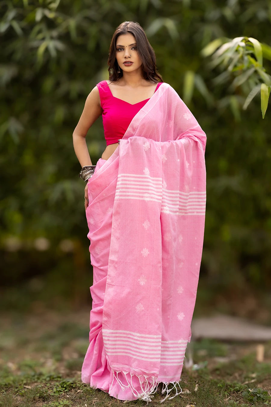 Threads of Raag pink Bengal handloom khadi cotton saree for daily wear
