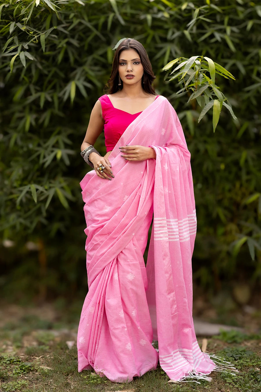 Threads of Raag pink Bengal handloom khadi cotton saree for daily wear