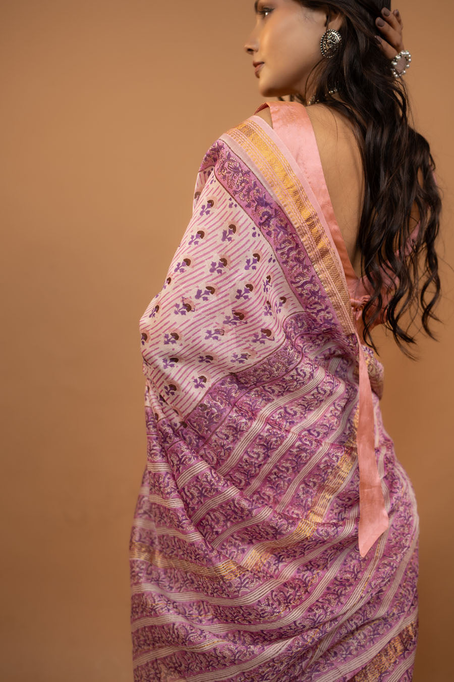 Whimsy Style pink Maheshwari silk hand block printed saree