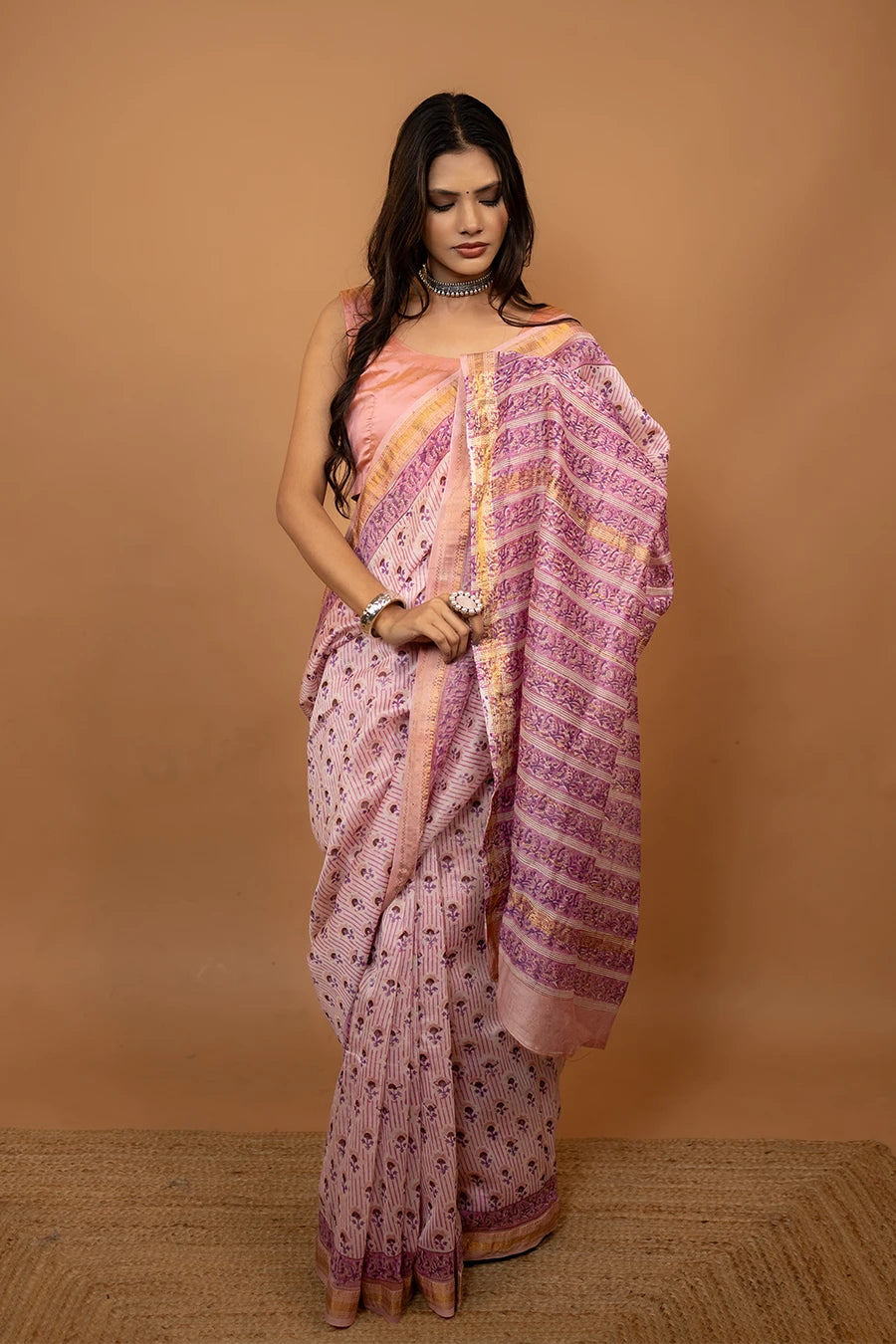 Whimsy Style pink Maheshwari silk hand block printed saree