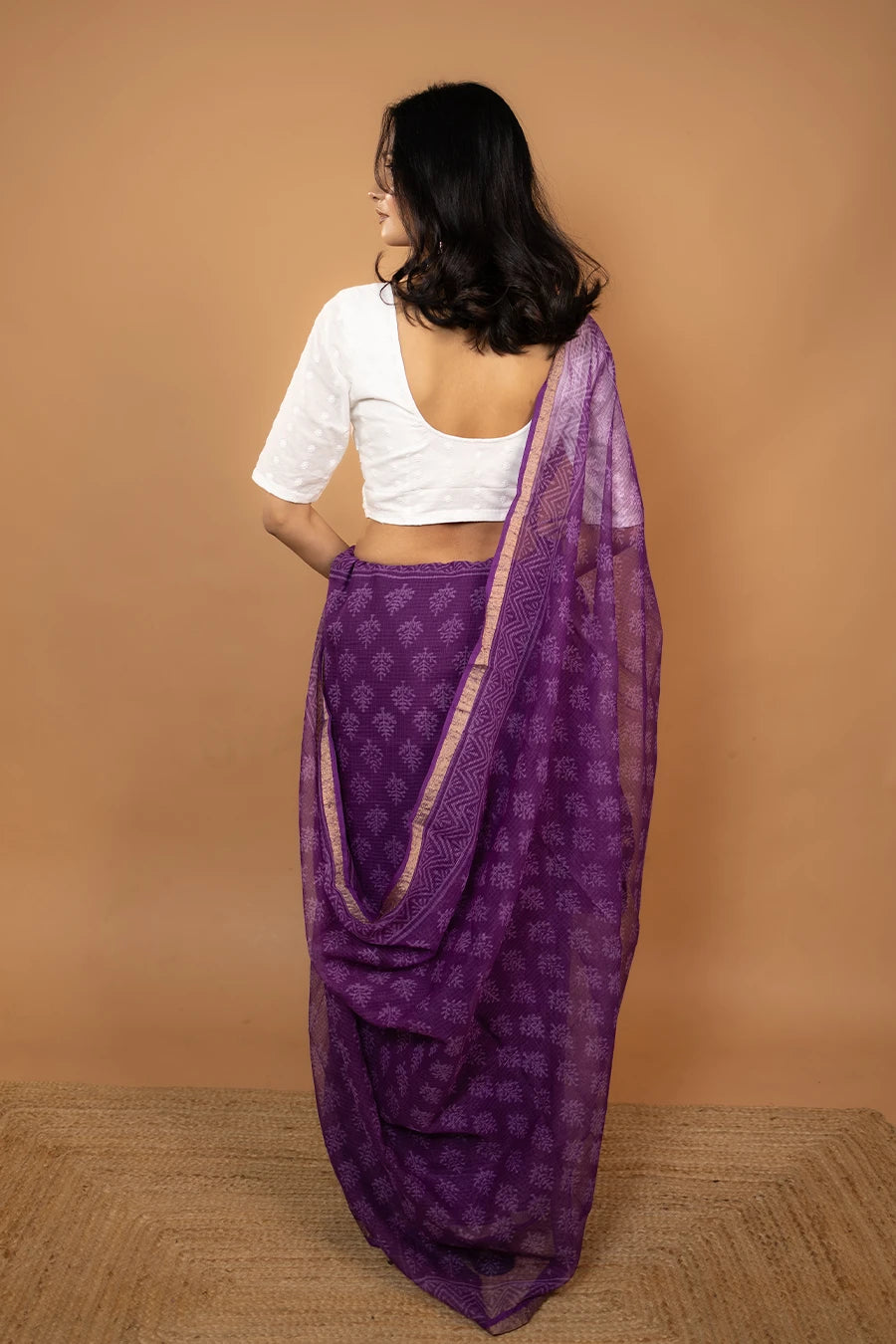 Purple hand block printed pure kota cotton saree
