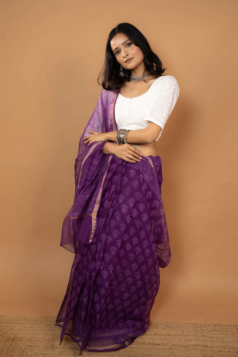Purple hand block printed pure kota cotton saree