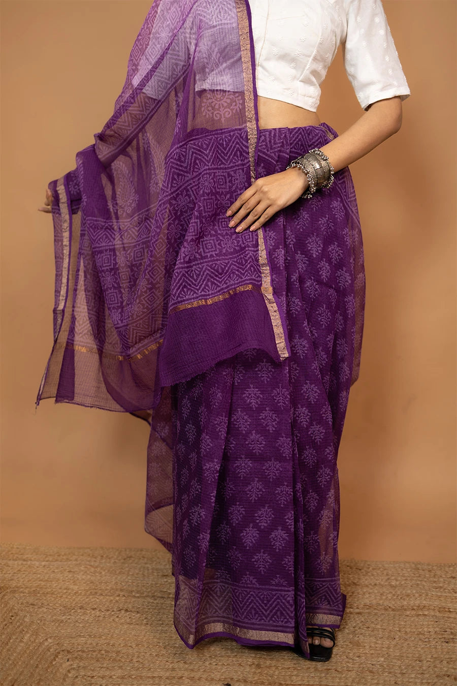 Purple hand block printed pure kota cotton saree
