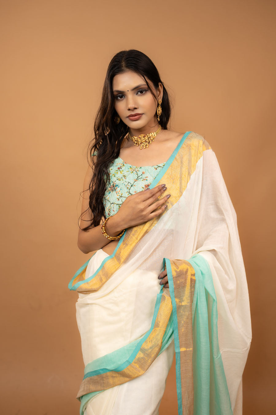 Zari Edit cream pure mul cotton saree with zari border
