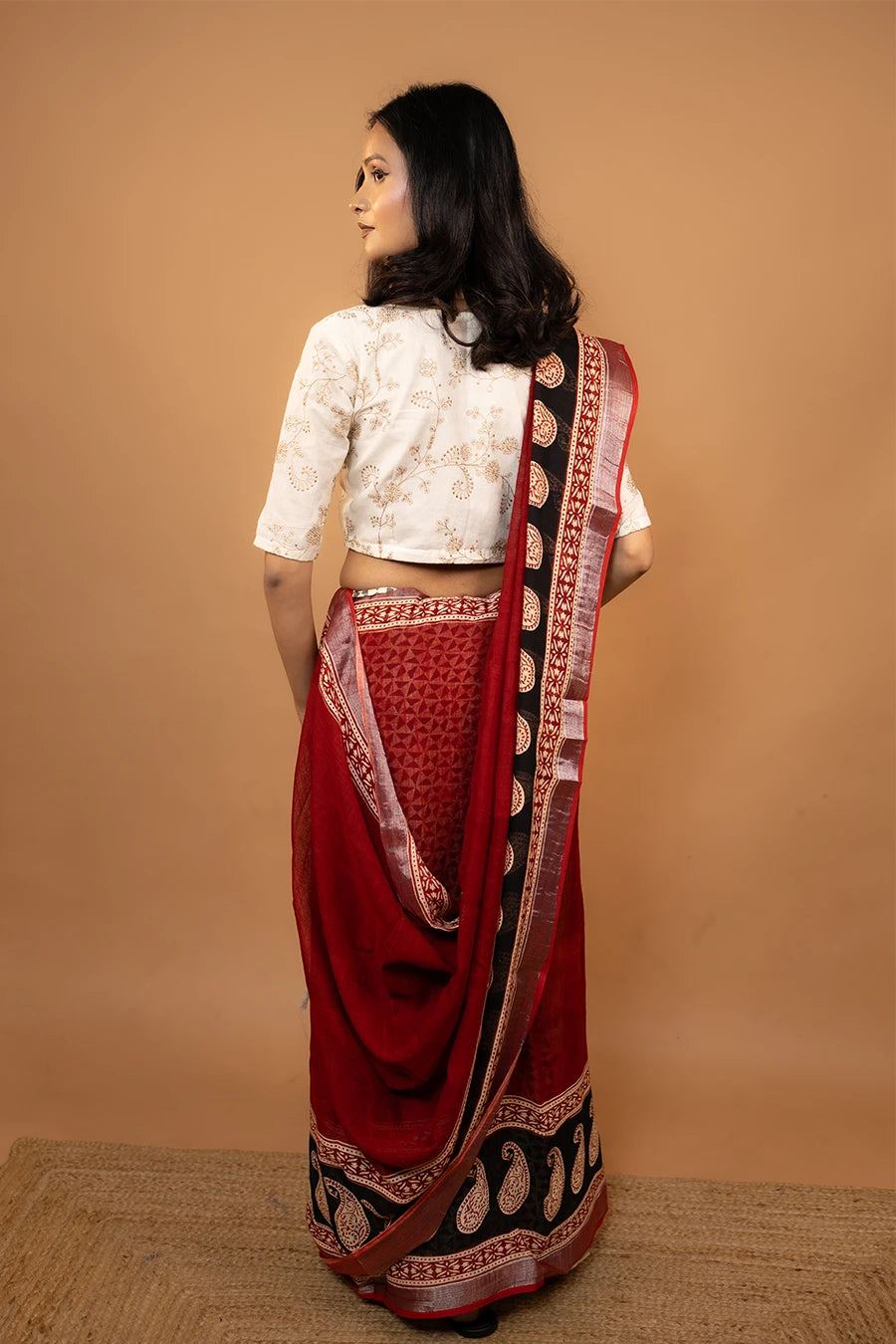 Ziya Fold red black hand block printed linen cotton saree