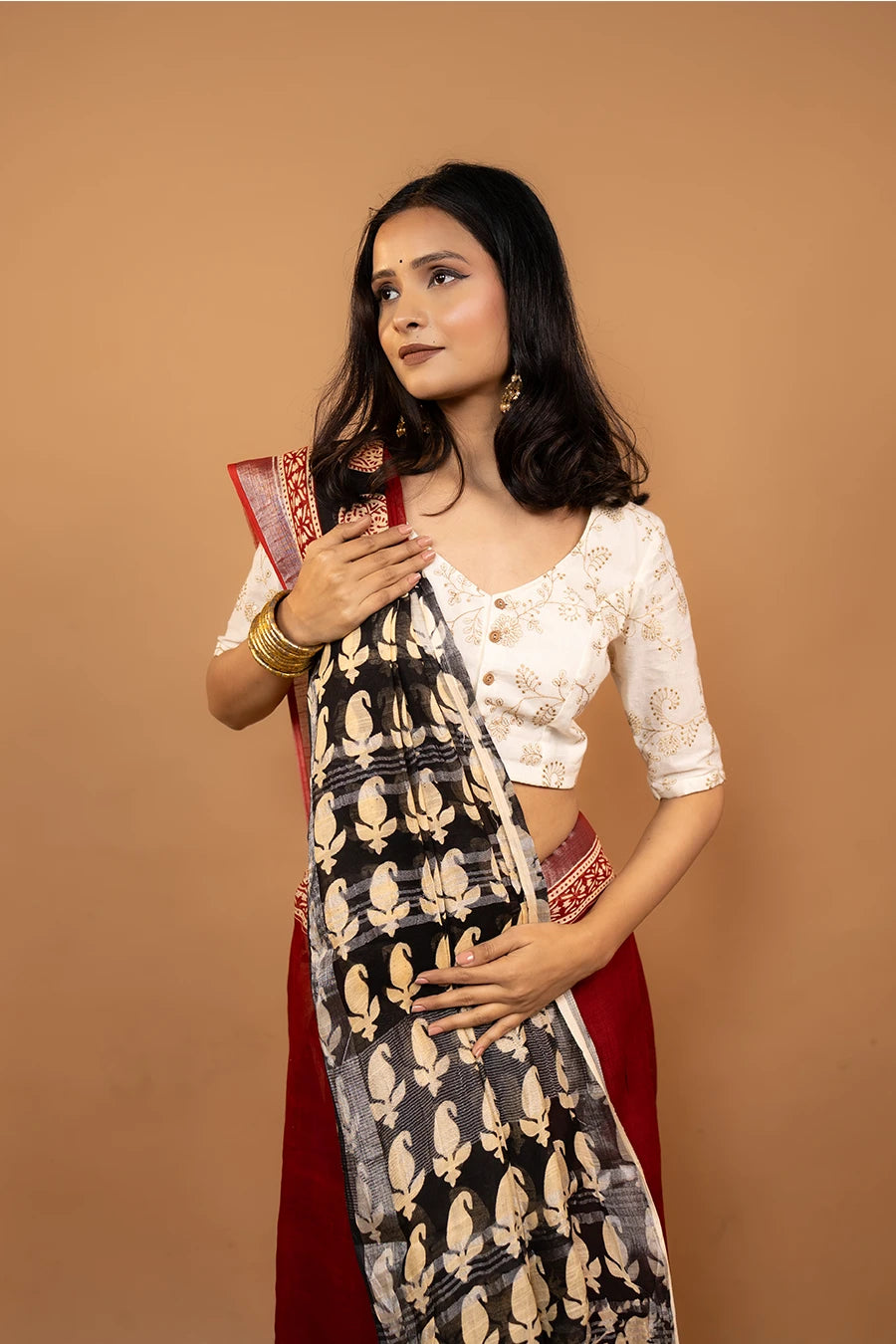 Ziya Fold red black hand block printed linen cotton saree