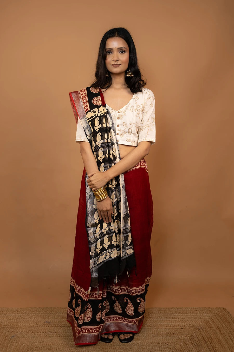 Ziya Fold red black hand block printed linen cotton saree