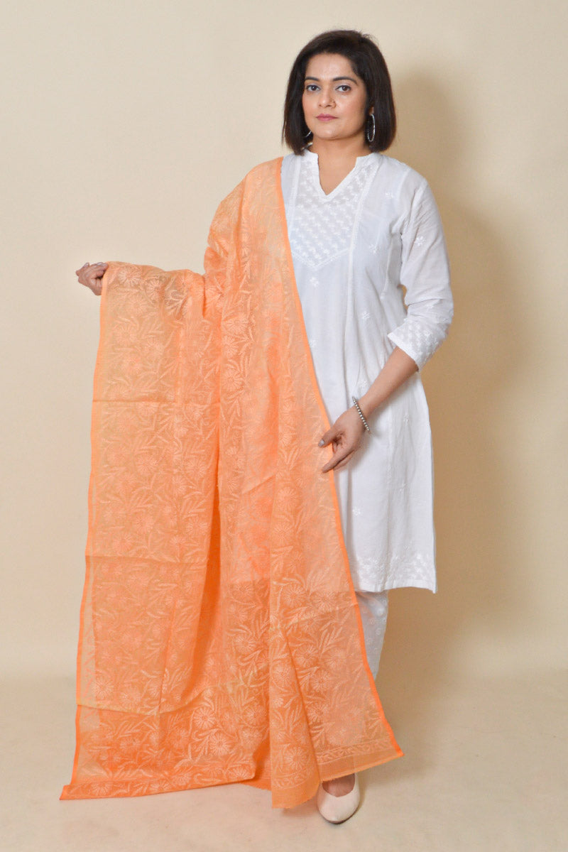 Fabnuma Handcrafted Orange Kota Cotton Allover Tepchi Chikankari Dupatta - Fabnuma