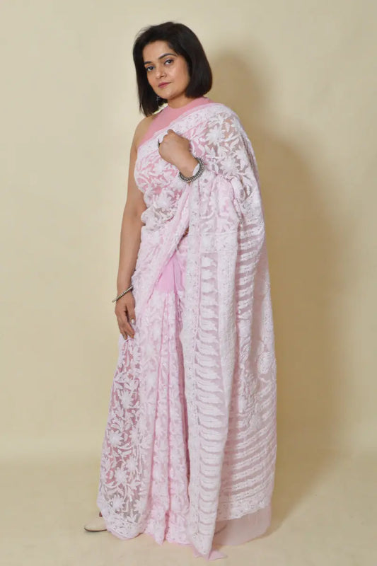 Fabnuma Handcrafted Baby Pink Georgette Chikankari Saree-Blouse - Fabnuma