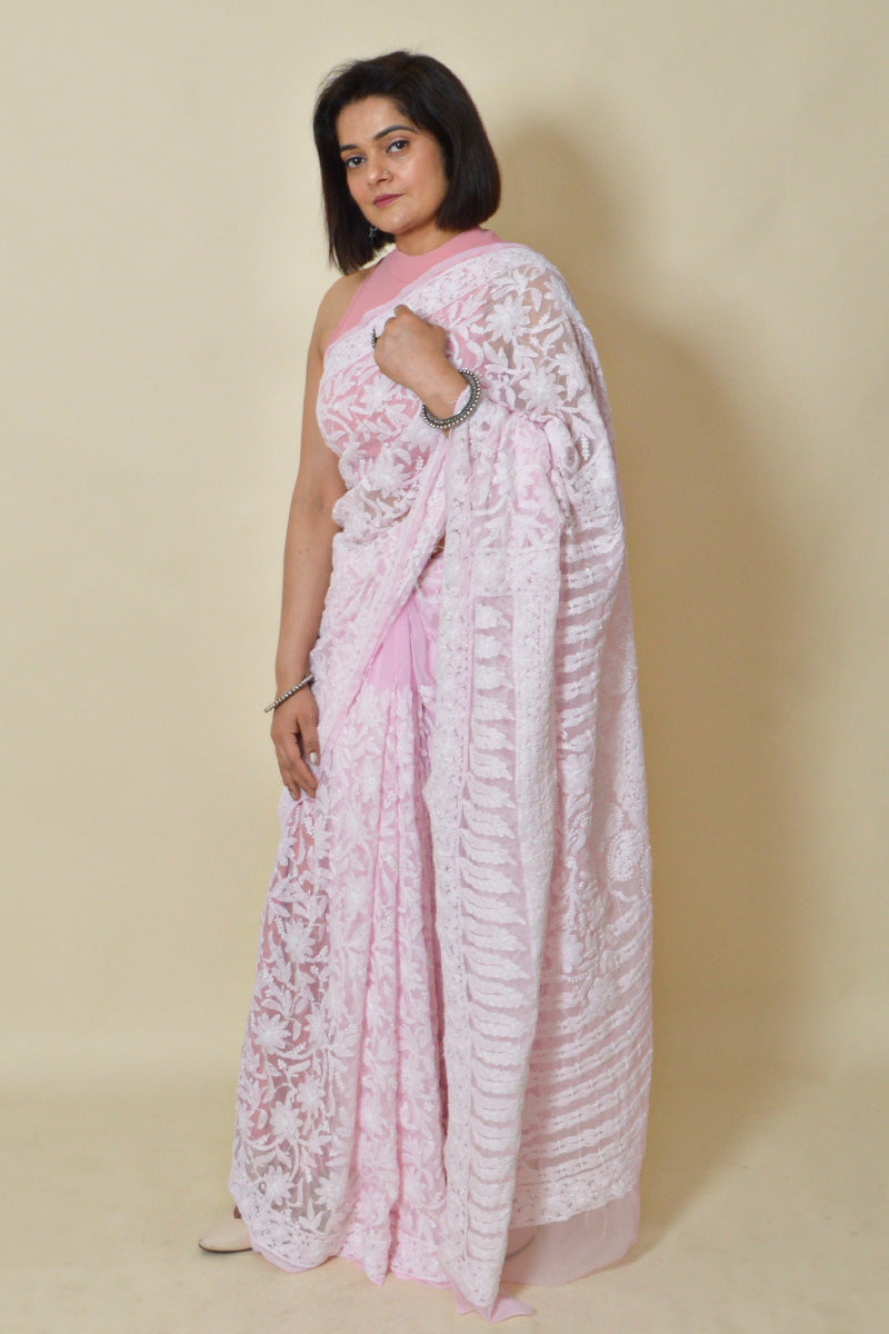Fabnuma Handcrafted Baby Pink Georgette Chikankari Saree-Blouse - Fabnuma
