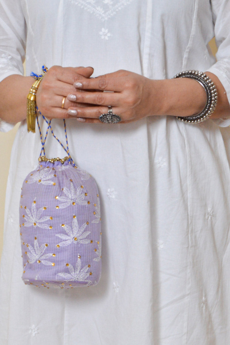 Fabnuma Handcrafted Lavender Chikankari Potli Bag - Fabnuma