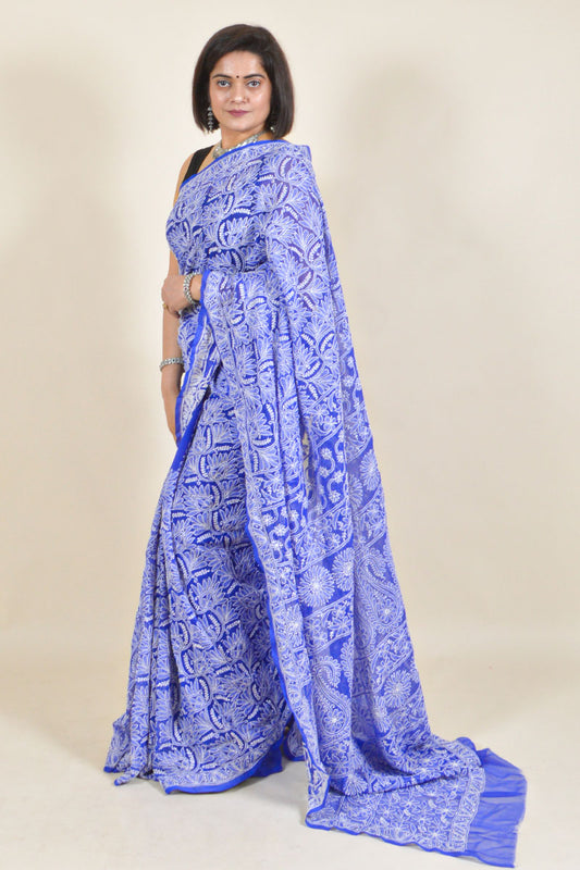 Fabnuma Handcrafted Blue Georgette Chikankari Saree-Blouse - Fabnuma