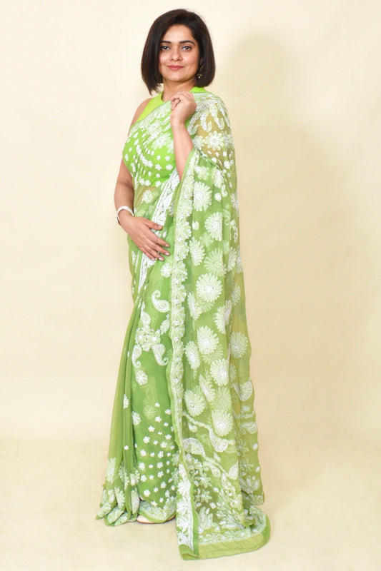 Handcrafted Green Georgette Chikankari Saree-Blouse - Fabnuma